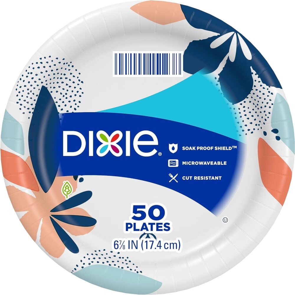 Dixie Everyday Paper Plates, 6 7/8″, Dessert or Snack Size Printed Disposable Plates, 50 Count (Pack of 1