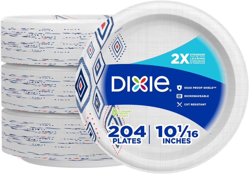 Dixie Large Paper Plates, 10 Inch, 204 Count, 2X Stronger*, Microwave-Safe, Soak-Proof, Cut Resistant