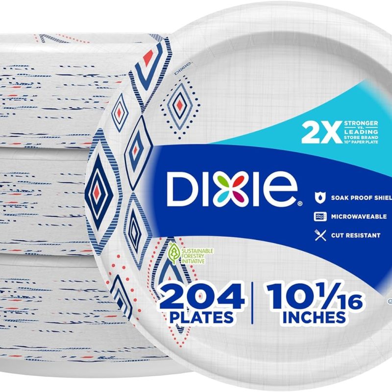 Dixie Large Paper Plates, 10 Inch, 204 Count, 2X Stronger*, Microwave-Safe, Soak-Proof, Cut Resistant