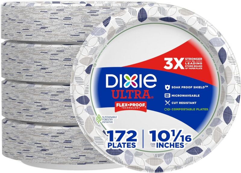 Dixie Ultra, Large Paper Plates, 10 Inch, 172 Count, 3X Stronger*, Heavy Duty, Microwave-Safe, Soak-Proof, Cut Resistant