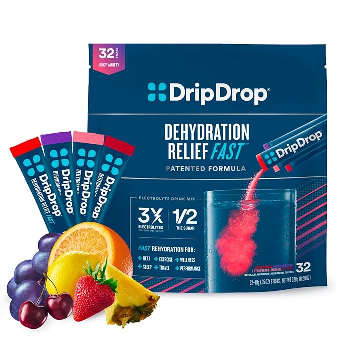 DripDrop Hydration – Electrolyte Powder Packets – Grape, Fruit Punch, Strawberry Lemonade, Cherry – 32 Count