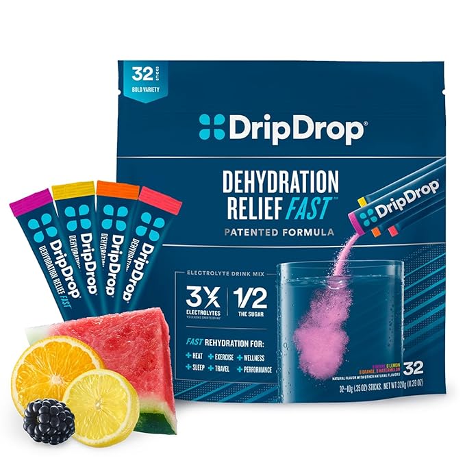DripDrop Hydration – Electrolyte Powder Packets – Watermelon, Berry, Orange, Lemon – 32 Count