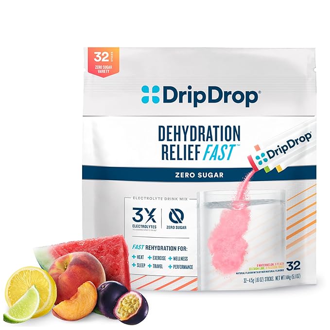 DripDrop Hydration – Zero Sugar Electrolyte Powder Packets Keto – Lemon Lime, Watermelon, Peach, Passion Fruit – 32 Count