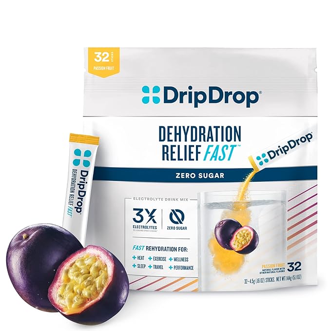 DripDrop Hydration – Zero Sugar Electrolyte Powder Packets Keto – Passion Fruit – 32 Count