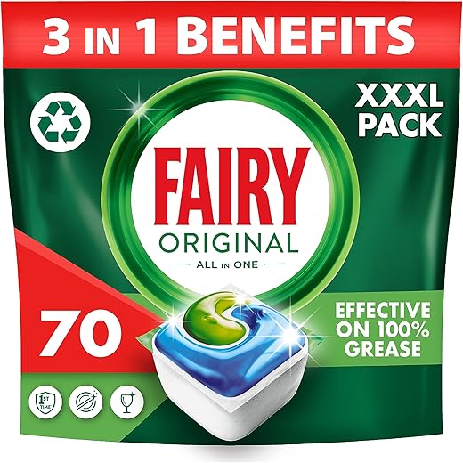 Fairy All-In-1 Dishwasher Tablets Bulk, 70 Tablets, Original, Effective Even On Dried-On Grease