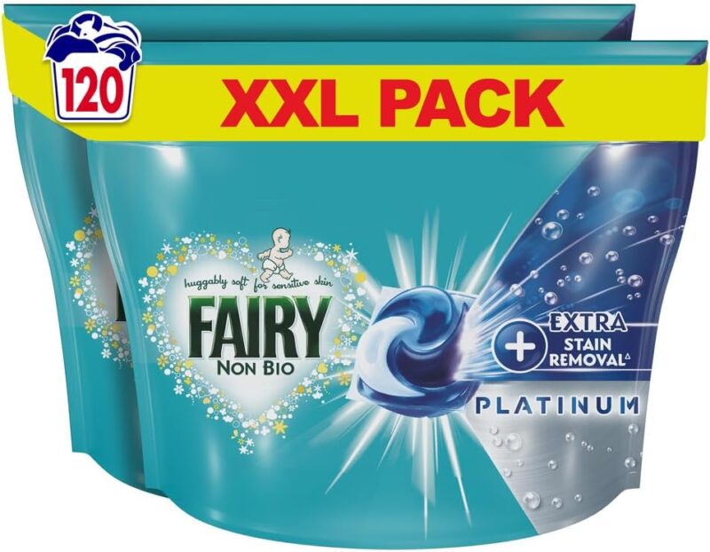 Fairy Non-Bio Platinum PODS, Washing Liquid Laundry Detergent Tablets/Capsules, 120 Washes (60 x 2) with Extra Stain Removal