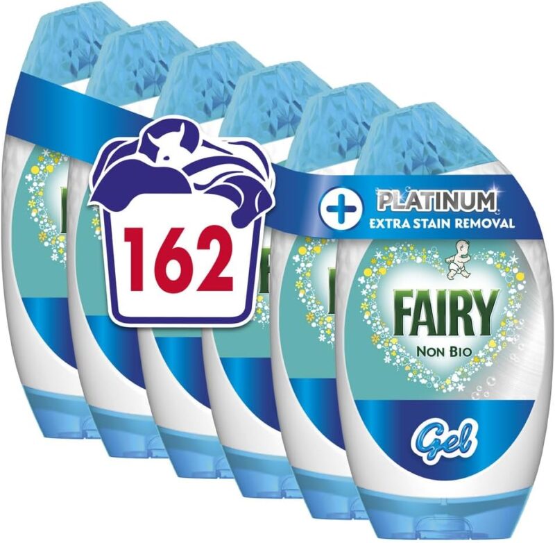 FAIRY NON BIO Platinum Washing Liquid Laundry Detergent Gel, 162 Washes (5.67 L x 6), Touch of Lenor Long Lasting Freshness, Brilliant Cleaning Even In A Cold Wash