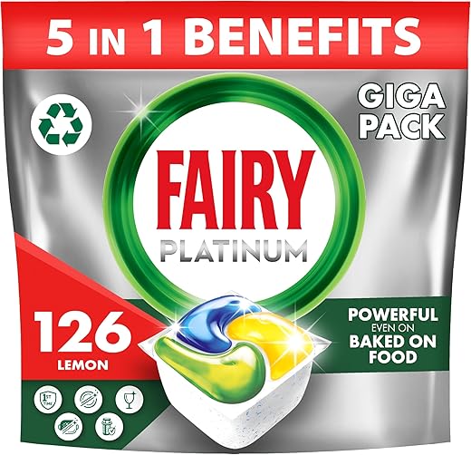 Fairy Platinum 126 Dishwasher Tablets, Lemon, For Tough Challenges, Even Removes Dried-On Grease