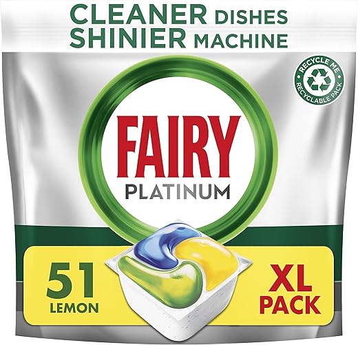 Fairy Platinum All-In-1 Dishwasher Tablets Bulk, 51 Tablets, Lemon, XXL Pack, With Greasy Filter & Rinse Aid Action