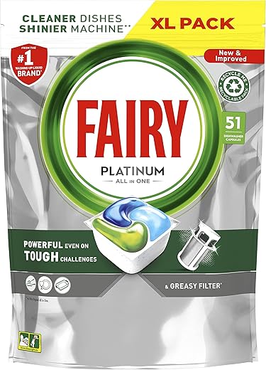 Fairy Platinum All In One Dishwasher Tablets, Regular, 51 Tablets, For Tough Challenges, Even Cleans Greasy Filters