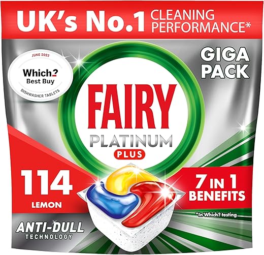 Fairy Platinum Plus 114 Dishwasher Tablets, Lemon, Our Best Cleaning For A Clean Like New, Removes Dullness & Prevents Limescale