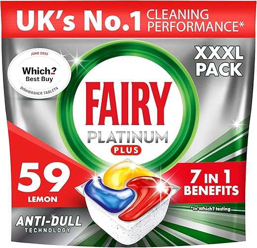 Fairy Platinum Plus 59 Dishwasher Tablets, Lemon, Our Best Cleaning For A Clean Like New, Removes Dullness & Prevents Limescale