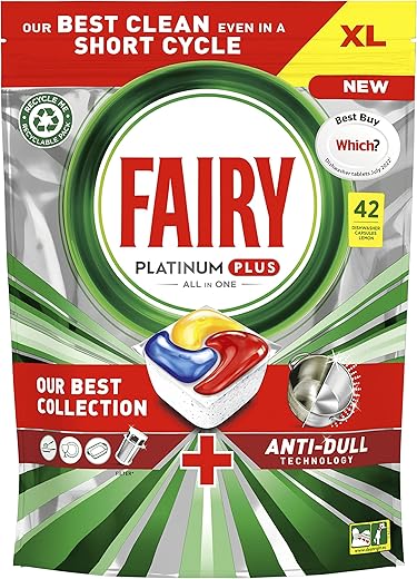Fairy Platinum Plus All-In-1 Dishwasher Tablets Bulk, 42 Tablets, Lemon, With Anti-Dull Technology & Rinse Aid Action