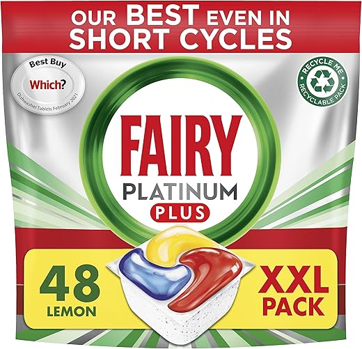 Fairy Platinum Plus All In One Dishwasher Tablets, Lemon, 48 Tablets, Our Best Cleaning For A Clean Like New, Removes Dullness and Prevents Limescale