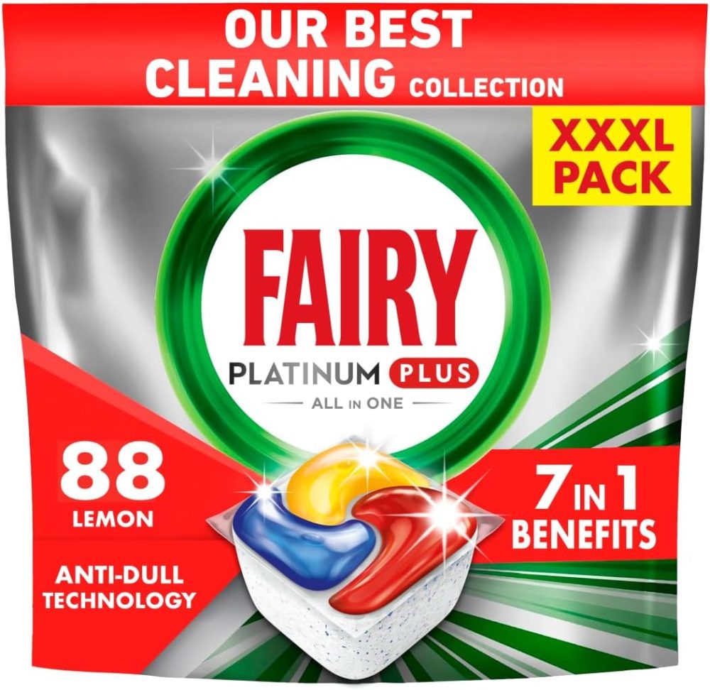 Fairy Platinum Plus Lemon Dishwasher Tablets All in One, 88 tablets, best cleaning to make dishes shiny clean, give shine and prevent stone