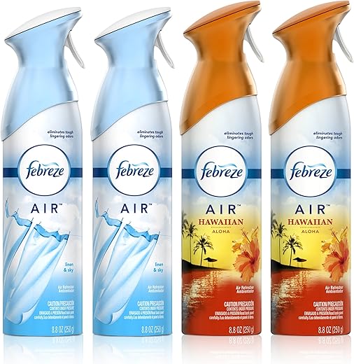 Febreze Air Freshener and Odor Eliminator Spray, Linen & Sky and Hawaiian Aloha Scents, 8.8oz (Pack of 4)