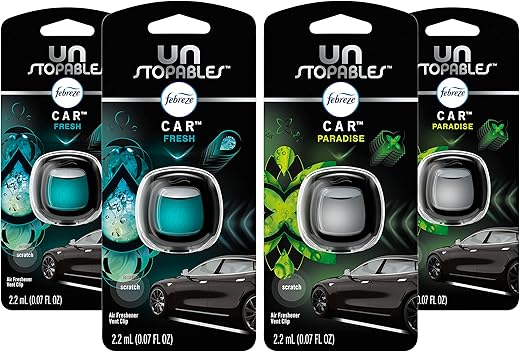 Febreze Car Air Fresheners, Unstopables Fresh & Paradise Scents, Odor Eliminator for Strong Odor, Car Vent Clips, 0.07 Fl Oz (Pack of 4)