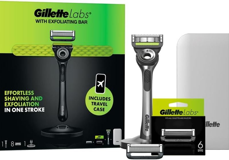 Fusion Gillette Labs Men's Razor + 8 Razor Blade Refills with Exfoliating Bar, Includes Premium Magnetic Stand & Travel Case