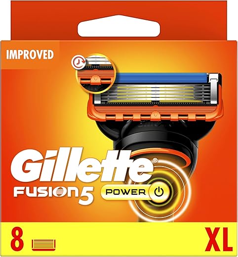 Gillette Fusion5 XL Power Razor Blades Men, Pack of 8 Razor Blade Refills with Precision Trimmer, 5 Anti-Friction Blades