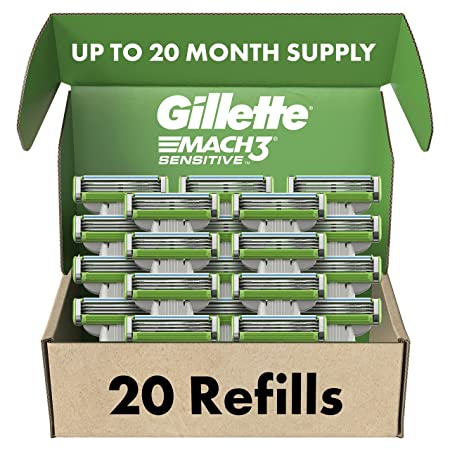 Gillette Mach3 Sensitive Mens Razor Blade Refills, 20 Count, Designed for Sensitive Skin