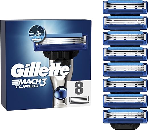 Gillette Mach3 Turbo Razor Blades Men, Pack of 8 Razor Blade Refills, Stronger Than Steel Blades, Enhanced Lubrastrip