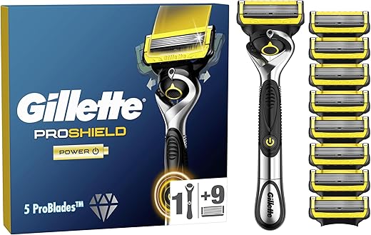 Gillette ProShield Power Men's Razor + 9 Razor Blade Refills with Precision Trimmer, 5 Anti-Friction Razor Blades