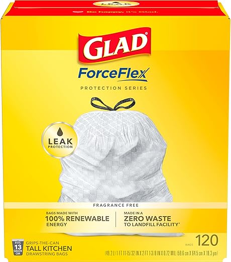 Glad Trash Bags, ForceFlex Tall Kitchen Drawstring Garbage Bags, 13 Gallon, Unscented, 120 Count.