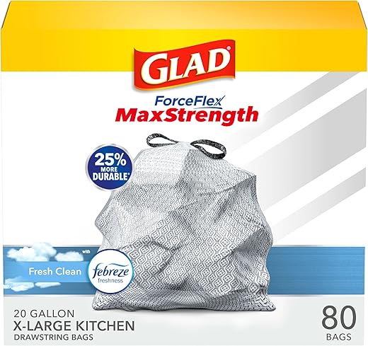 Glad Trash Bags, ForceFlexPlus XL X-Large Kitchen Drawstring Garbage Bags - 20 Gallon Grey Kitchen Trash Bags, Fresh Clean with Febreze Freshness 80 Count (Package May Vary)