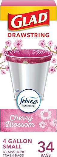 Glad Trash Bags, OdorShield Small Drawstring Garbage Bags, 4 Gallon Trash Bag, Febreze Cherry Blossom, 34 Count (Package May Vary)