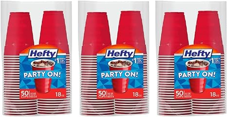 Hefty Party On Disposable Plastic Cups, Red, 18 Ounce, 50 Count (Pack of 3), 150 Total