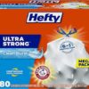 Hefty Ultra Strong 13 Gallon Trash Bags, Tall Kitchen Trash Bags 13 Gallon Size, Resists Leaks and Punctures, Continuous Odor Control, White, Clean Burst Scent, 80 Bags