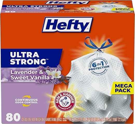 Hefty Ultra Strong 13 Gallon Trash Bags, Tall Kitchen Trash Bags, White, Lavender and Sweet Vanilla Scent, 80 Bags