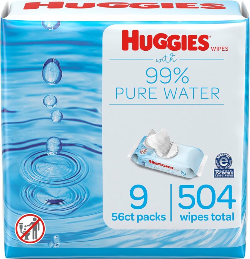 Huggies 99% Pure Water Baby Wipes, Unscented, 9 flip-top packs (3 Packs of 3), 504 Wipes Total