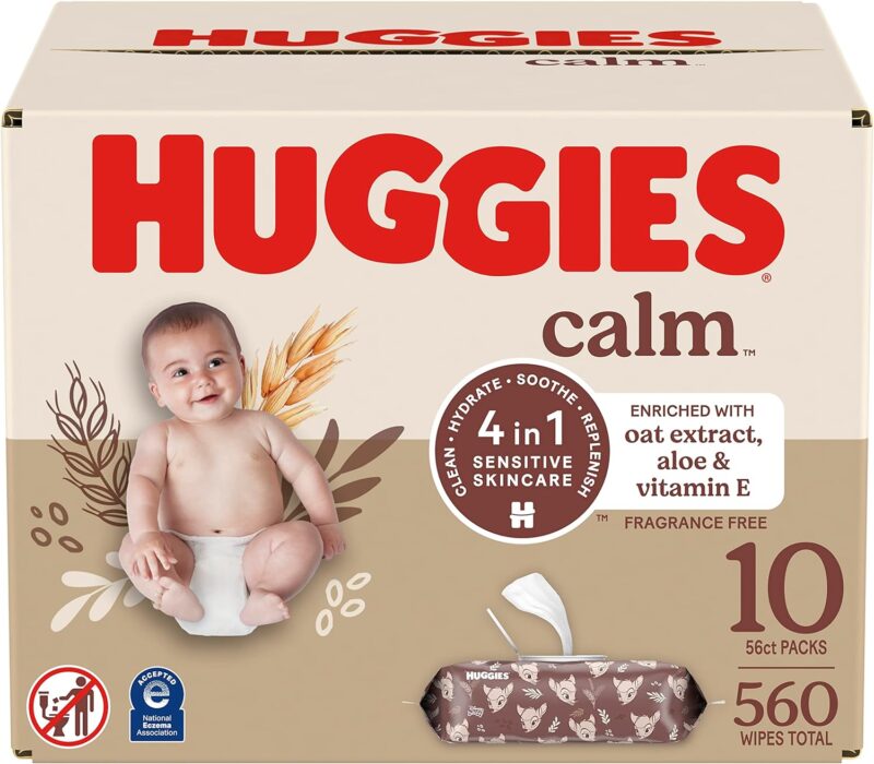 Huggies Calm Baby Diaper Wipes, Unscented, Hypoallergenic, 10 Push Button Packs (560 Wipes Total)