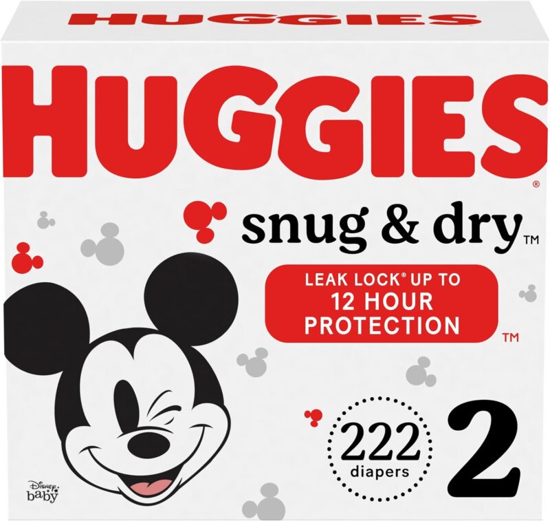 Huggies Size 2 Diapers, Snug & Dry Baby Diapers, Size 2 (12-18 lbs), 222 Count