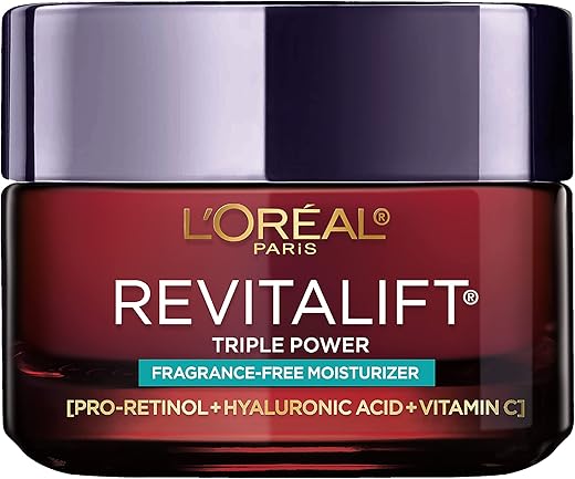 L'Oreal Paris Revitalift Triple Power Anti-Aging Face Moisturizer, Pro Retinol, Hyaluronic Acid & Vitamin C, Reduce Wrinkles, Fragrance Free 1.7 Oz