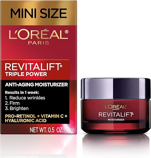 L'Oreal Paris Revitalift Triple Power Anti-Aging Face Moisturizer Travel Size, Pro Retinol, Hyaluronic Acid & Vitamin C, Reduce Wrinkles, Trial 0.5 Oz