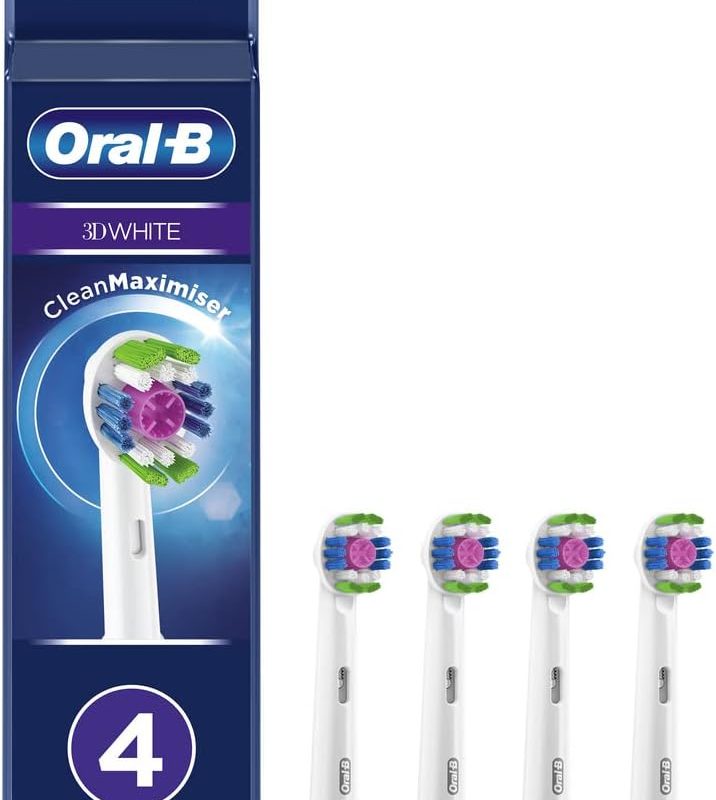 Oral-B 3D White Electric Toothbrush Head with CleanMaximiser Technology, Angled Bristles for Deeper Plaque Removal, Pack of 4, White