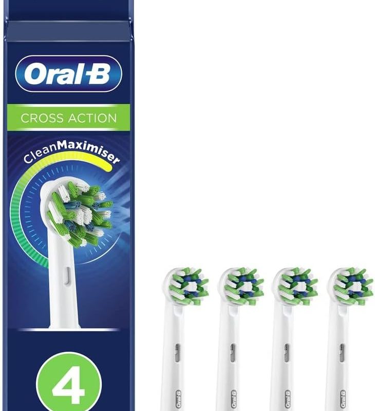 Oral-B Cross Action Electric Toothbrush Head With CleanMaximiser Technology, Angled Bristles For Deeper Plaque Removal, Pack Of 4, White- Packaging may vary