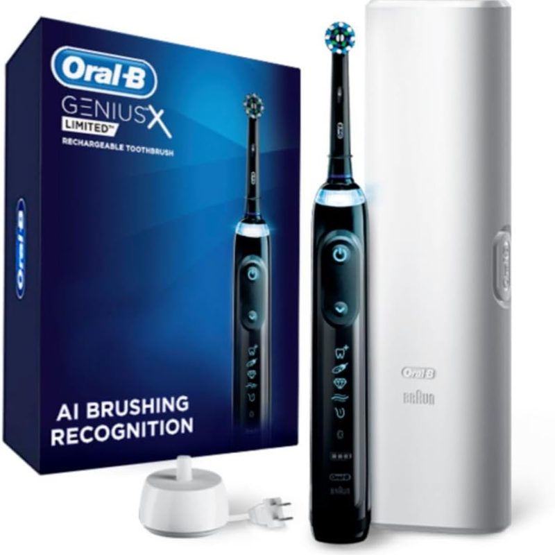 Oral-B Genius X Limited Rechargeable Electric Powered Toothbrush, Black with 1 Brush Head and Travel Case - Pressure Sensor to Protect Gums - 5 Cleaning Settings - 2 Minute...