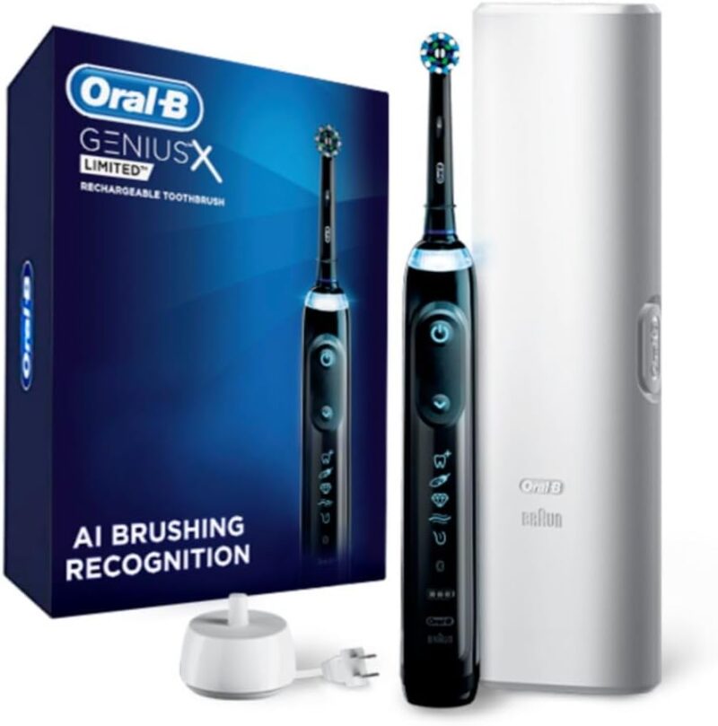 Oral-B Genius X Limited Rechargeable Electric Powered Toothbrush, Black with 1 Brush Head and Travel Case - Pressure Sensor to Protect Gums - 5 Cleaning Settings - 2 Minute...