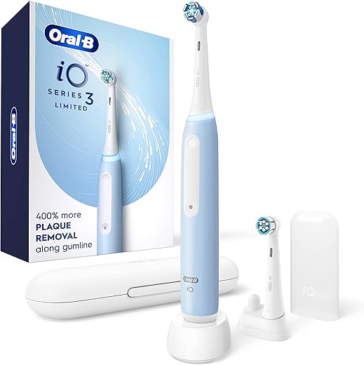Oral-B iO Deep Clean Rechargeable Electric Powered Toothbrush, Icy Blue with iO Series 3 Limited, 2 Brush Heads and Travel Case - Pressure Sensor to Protect Gums - 3 Cleaning...