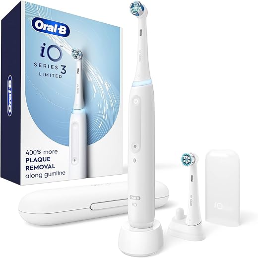 Oral-B iO Deep Clean Rechargeable Electric Powered Toothbrush, White with iO Series 3 Limited, 2 Brush Heads and Travel Case - Pressure Sensor to Protect Gums - 3 Cleaning...