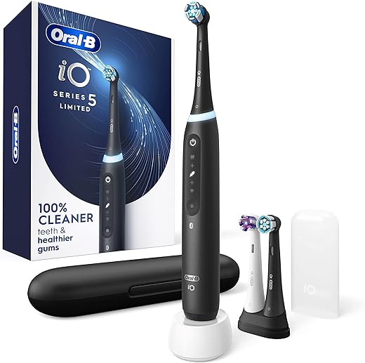 Oral-B iO Deep Clean + Whiten Rechargeable Electric Powered Toothbrush, Black with iO Series 5 Limited, 3 Brush Heads, and Travel Case - Pressure Sensor to Protect Gums - 5...