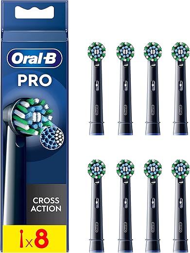 Oral-B Pro Cross Action Electric Toothbrush Head, X-Shape And Angled Bristles for Deeper Plaque Removal, Pack of 8 Toothbrush Heads, Black