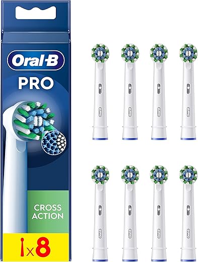 Oral-B Pro Cross Action Electric Toothbrush Head, X-Shape And Angled Bristles for Deeper Plaque Removal, Pack of 8 Toothbrush Heads, White (Packaging may vary)
