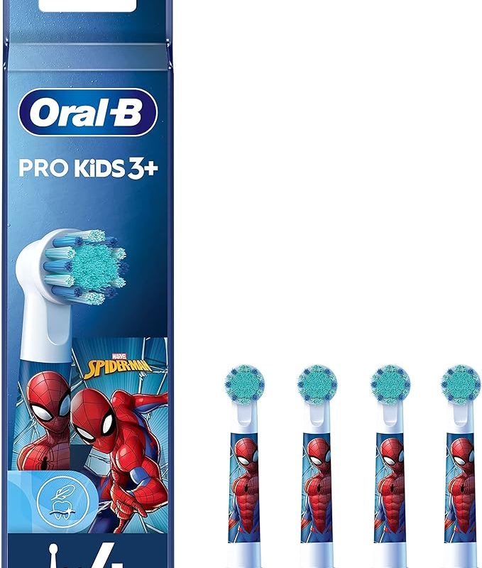 Oral-B Pro Kids Electric Toothbrush Head, With Spiderman Characters, Extra Soft Bristles, For Ages 3+, Pack of 4 Toothbrush Heads, White