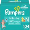 Pampers Baby Dry Diapers Newborn – Size 0, 104 Count, Absorbent Disposable Diapers