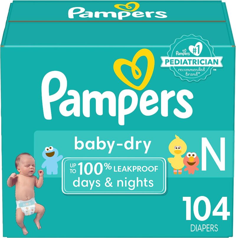Pampers Baby Dry Diapers Newborn – Size 0, 104 Count, Absorbent Disposable Diapers