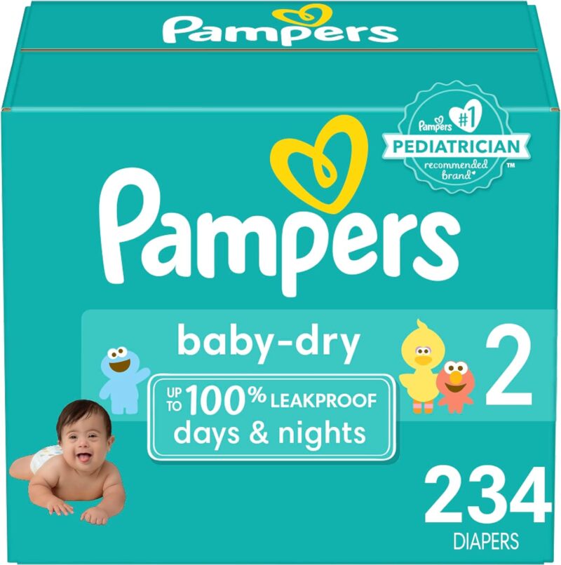 Pampers Baby Dry Diapers – Size 2, One Month Supply (234 Count), Absorbent Disposable Diapers